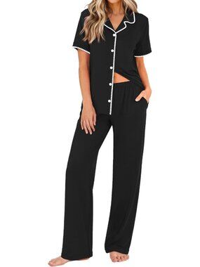Women's Black Button Down Short Sleeve Shirt Loungewear Pajamas Set